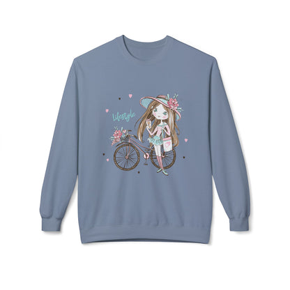 Chic Fleece Sweatshirt with Whimsical Bicycle Design - Perfect for Cozy Days, Gift for Cyclists, Cute Outfit for Spring, Birthday Stone Blue