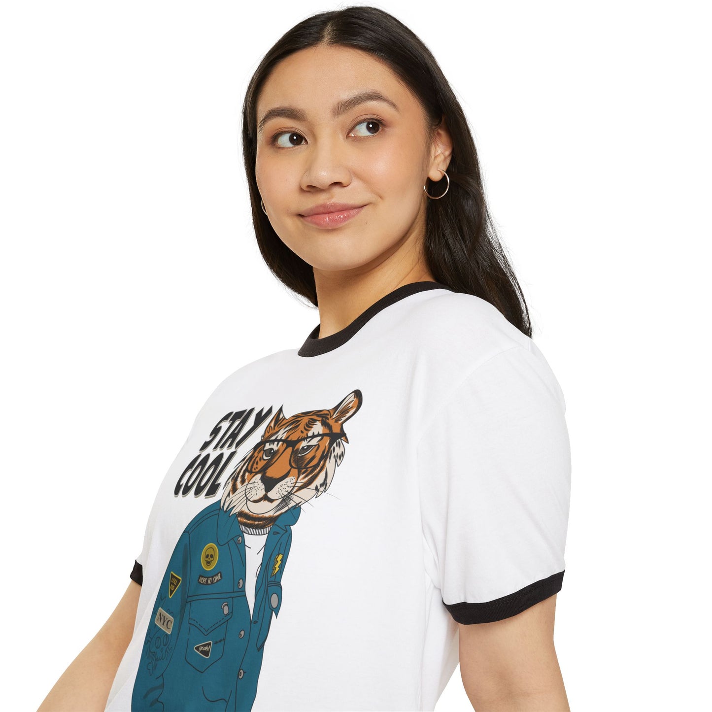 Stay Cool Tiger Ringer T-Shirt, Unisex Vintage Tee, Casual Gift, Animal Lover Apparel, Summer Fashion, Fun Graphic Shirt