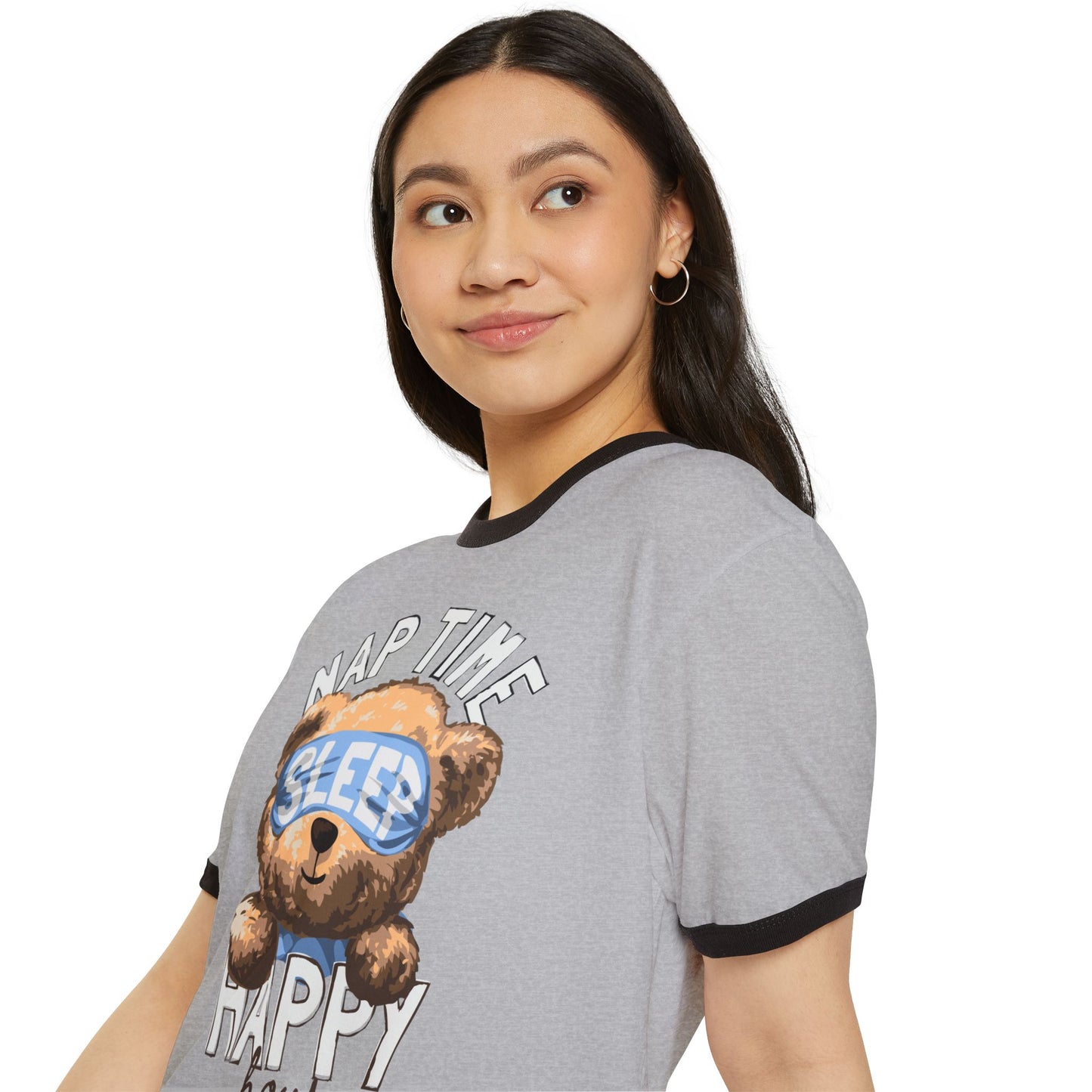 Nap Time Happy Hour Ringer T-Shirt - Cute Bear Graphic Tee, Relaxation Shirt, Gift for Sleep Lovers, Pajama Party Attire, Cozy Everyday Wear