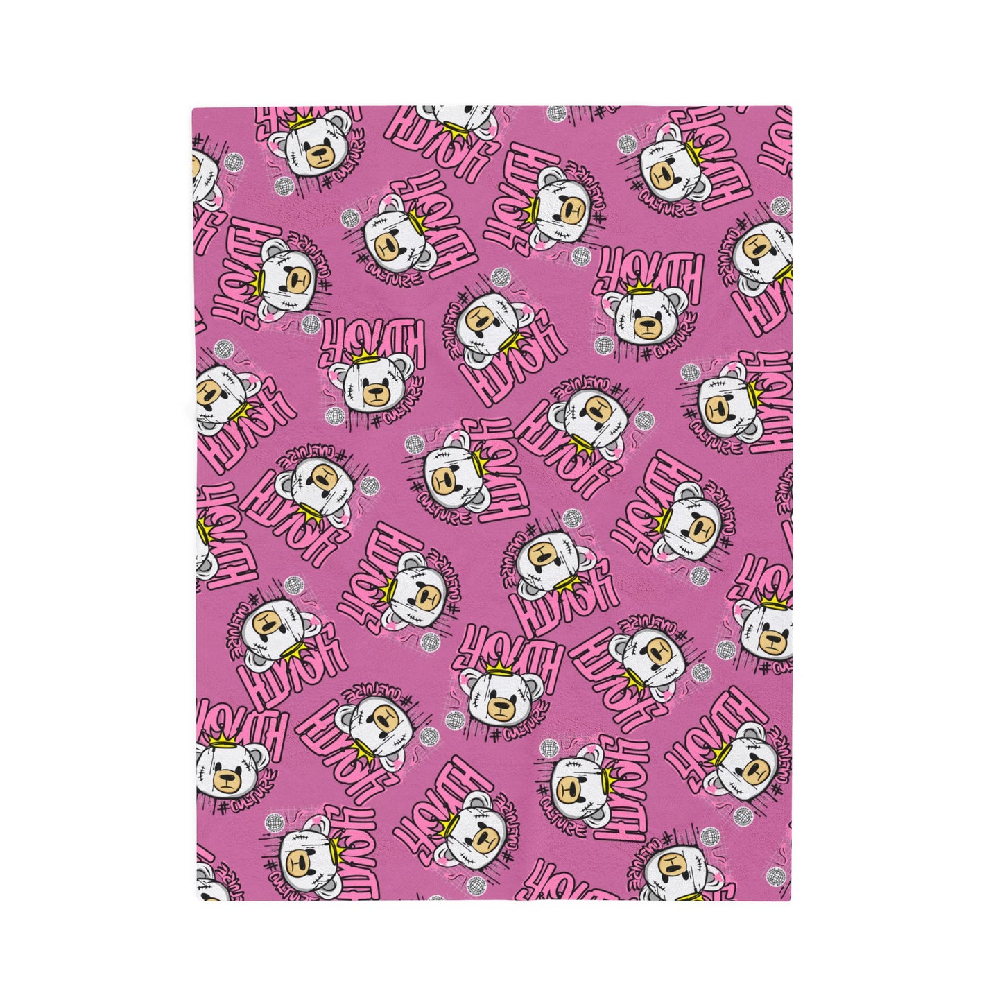 Youth Culture Bear Graphic Velveteen Plush Blanket – Soft Throw for Couch or Bed – Pink Urban Streetwear Home Decor