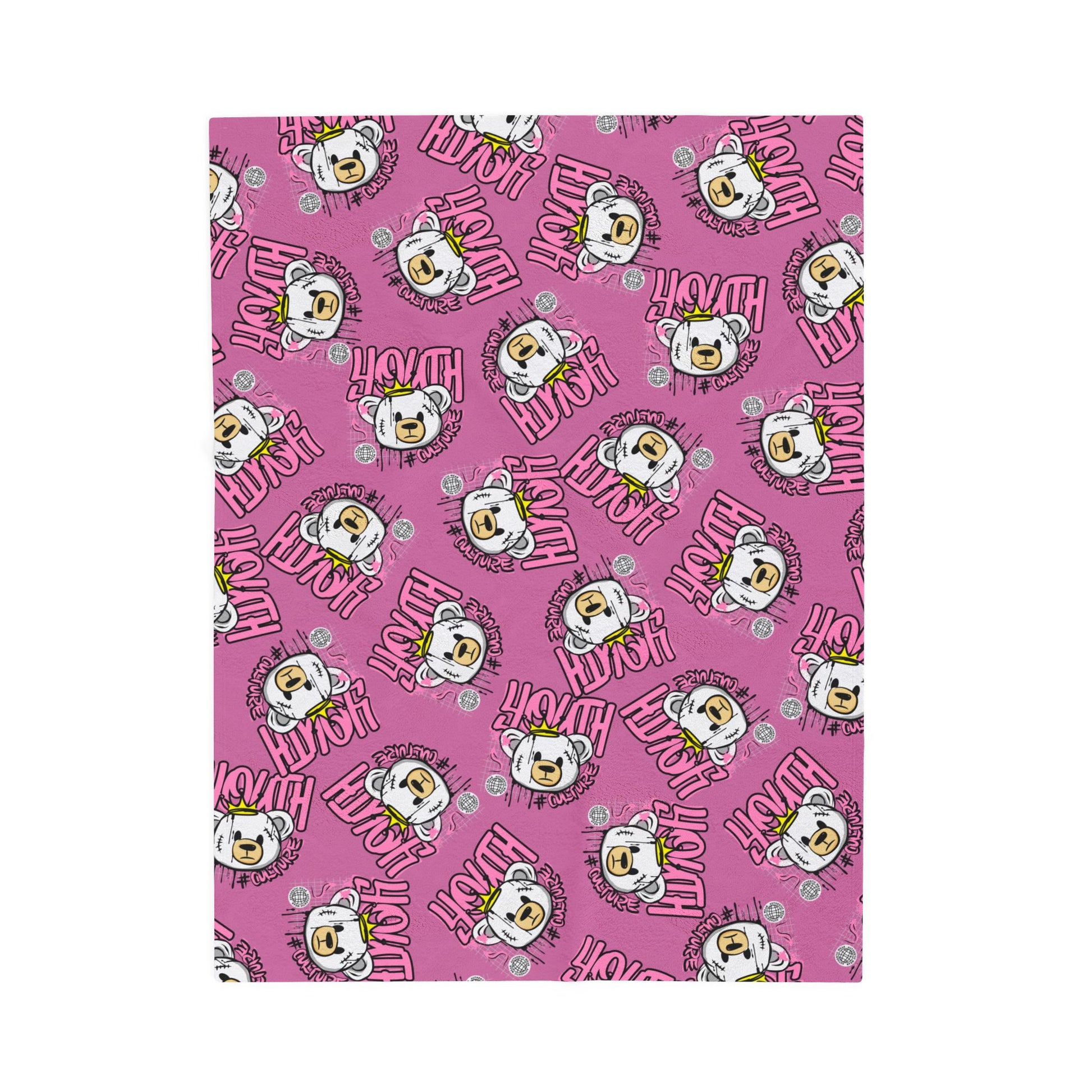 Youth Culture Bear Graphic Velveteen Plush Blanket – Soft Throw for Couch or Bed – Pink Urban Streetwear Home Decor