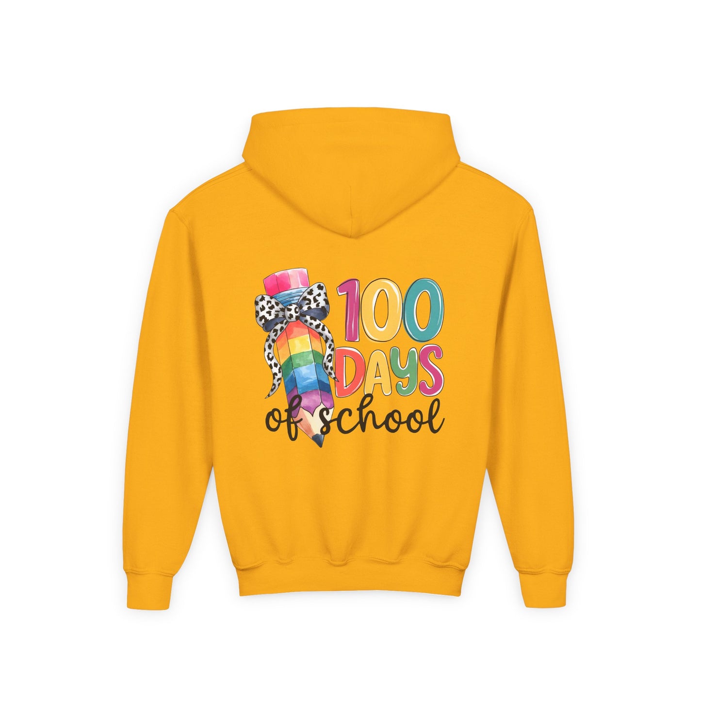 Colorful 100 Days of School Youth Hoodie, Fun School Celebration Sweatshirt, Back-to-School Gift, Kids Fashion, Classroom Style Gold