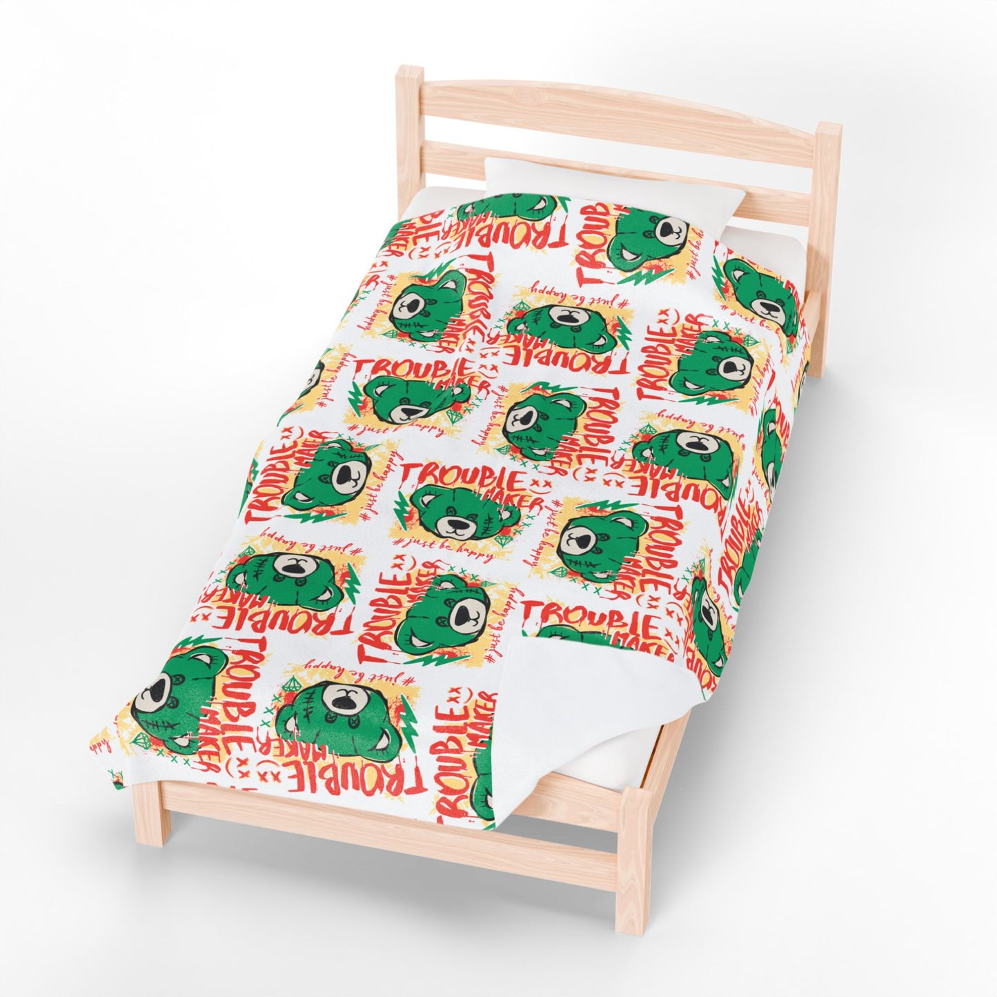 "Trouble Maker" Graphic Velveteen Plush Blanket – Soft White Throw with Green Bear & "Just Be Happy" Quote – Playful Decor