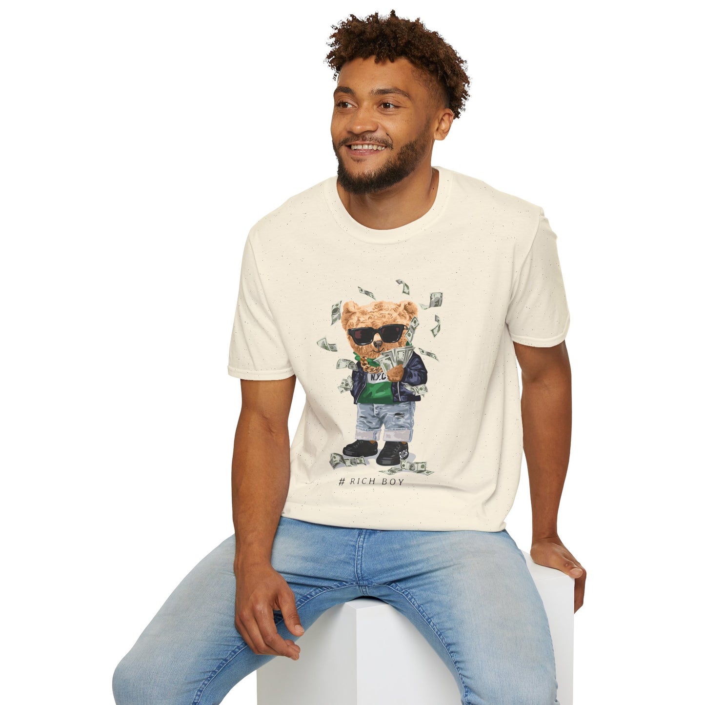 Rich Boy Graphic T-Shirt | Unisex Softstyle Tee | Cute Bear Design | Casual Wear | Gift for Kids | Birthday & Holiday Natural