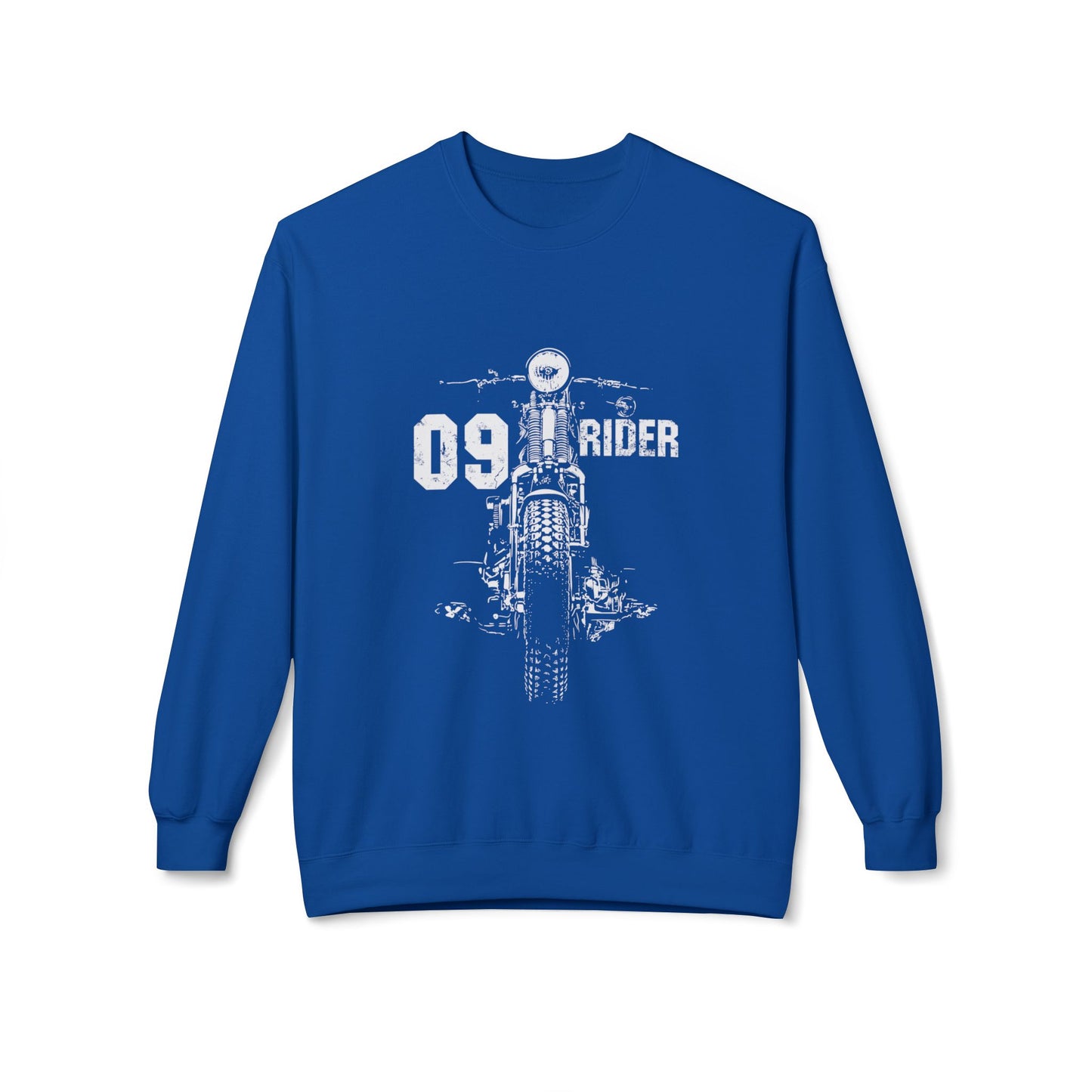 Retro Unisex Fleece Crew Sweatshirt - 09 Rider Design, Cozy Apparel, Gift for Bikers, Streetwear, Festival Wear, Everyday Comfort Royal