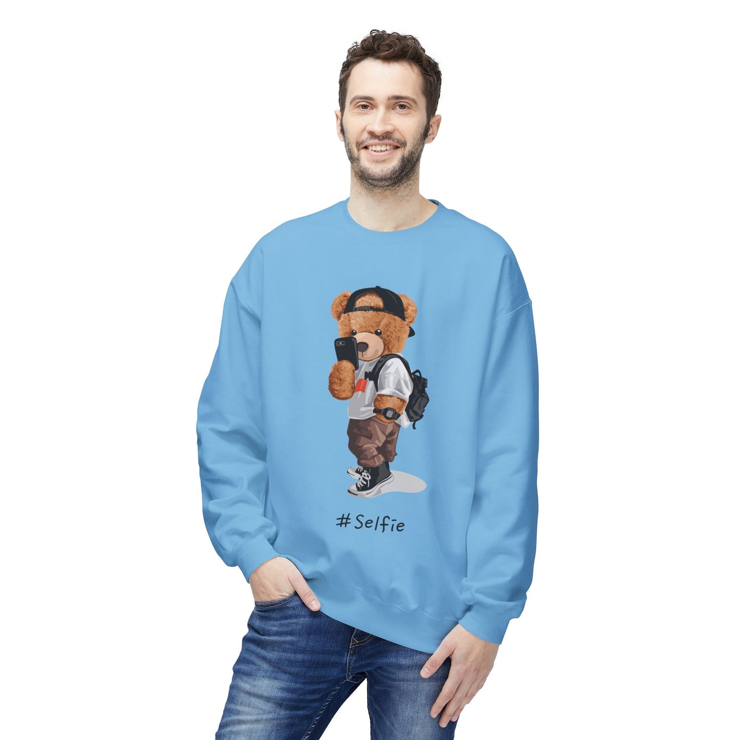 Cute Bear Selfie Sweatshirt, Trendy Gift for Teens, Cozy Fleece Crew, Fashionable Streetwear, Perfect for Casual Days, Instagram Vibes