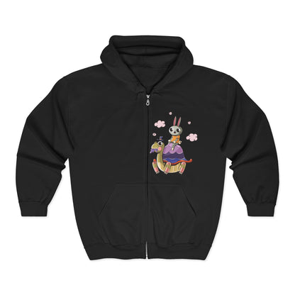 Whimsical Rabbit and Turtle Zip-Up Hoodie Black