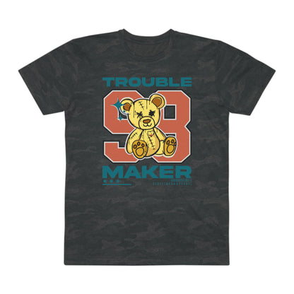 "Trouble Maker" Leopard Print Men's Fine Jersey Tee - Casual T-Shirt for Teens, Unique Gift, Streetwear, Graphic Tee, Fun Summer Style Storm Camo