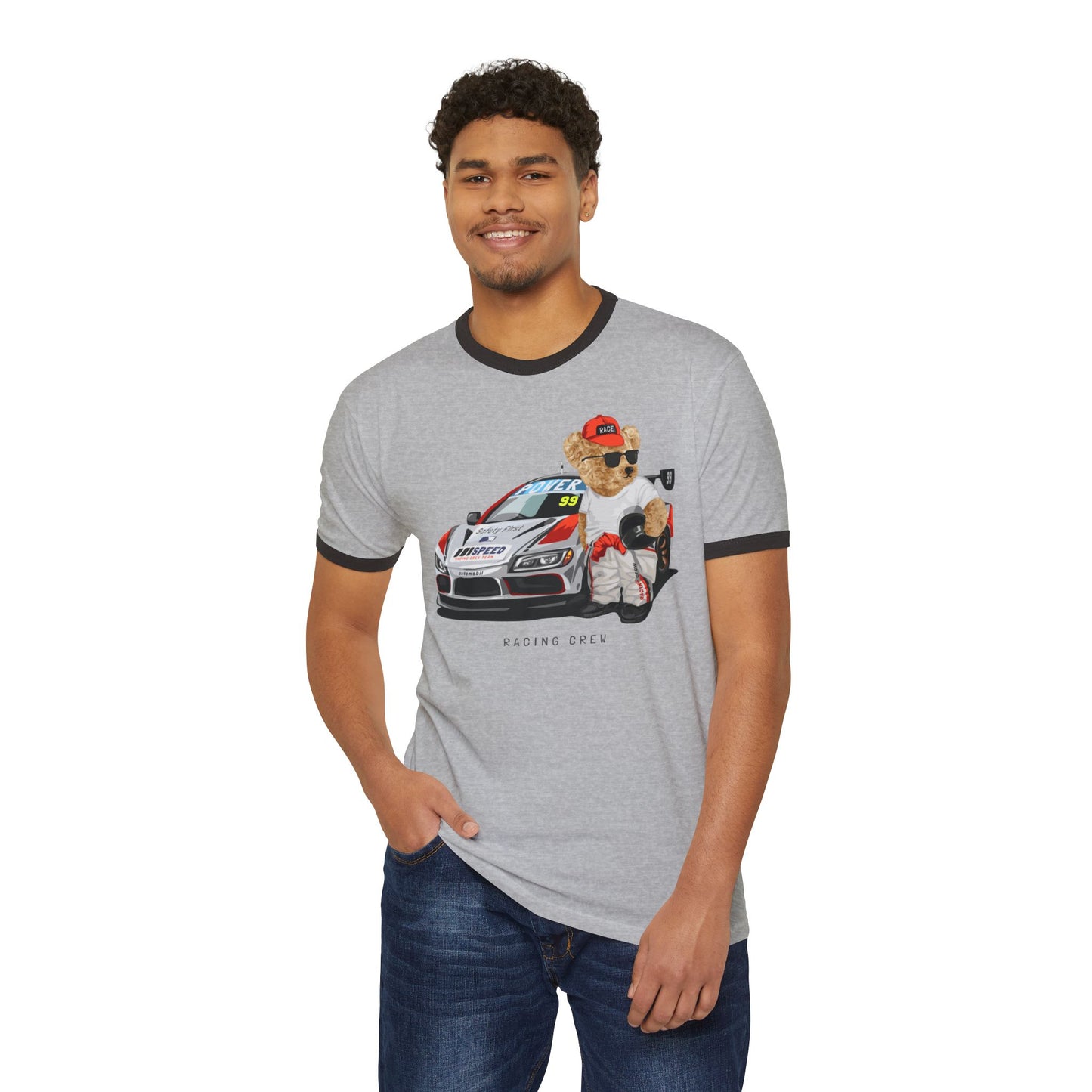 Racing Bear Unisex Cotton Ringer T-Shirt - Funny, Casual Wear, Gift for Car Lovers, Birthday Gift, Motorsport Apparel