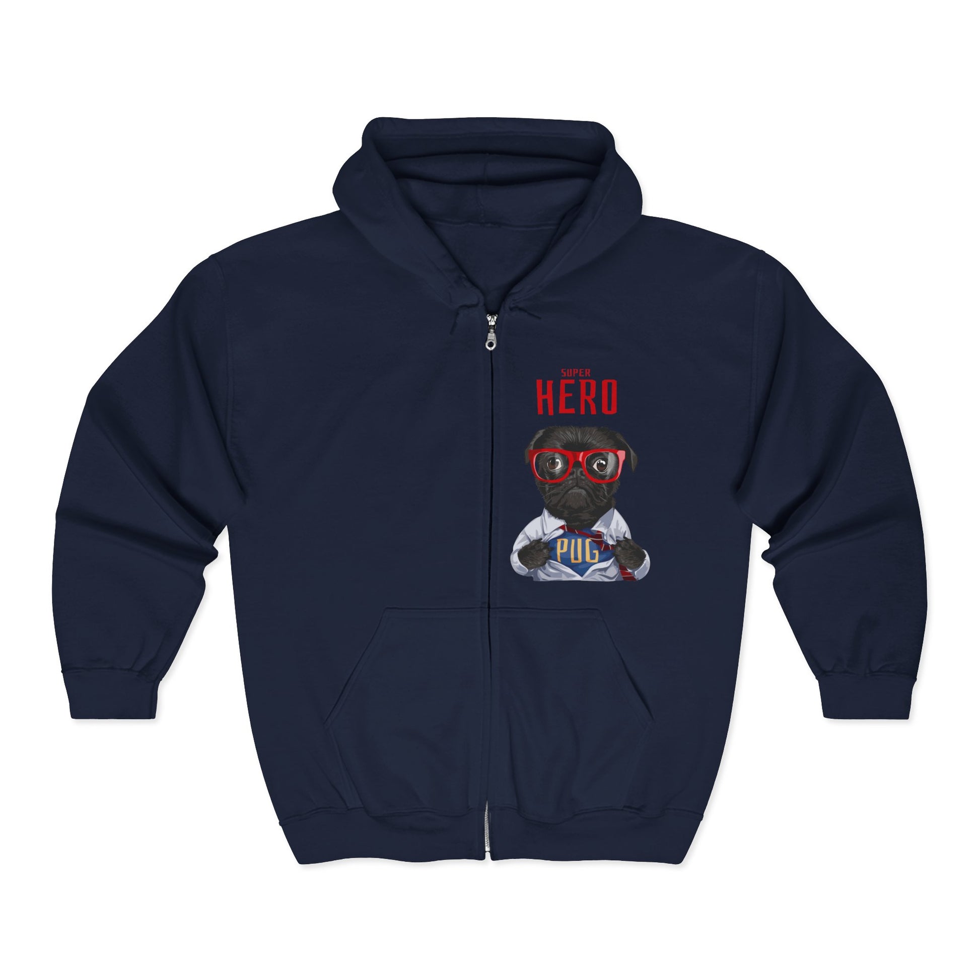 Hero Pug Full Zip Hoodie, Unisex Sweatshirt, Pet Lover Gift, Cute Hoodie, Dog Lover Apparel, Birthday Present, Funny Sweatshirt Navy