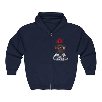 Hero Pug Full Zip Hoodie, Unisex Sweatshirt, Pet Lover Gift, Cute Hoodie, Dog Lover Apparel, Birthday Present, Funny Sweatshirt Navy