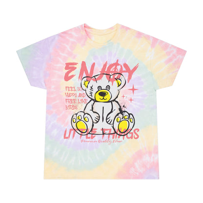Unisex "Enjoy Little Things" Tie Dye T-Shirt – Streetwear Graphic Tee with Teddy Bear & Positive Quote – Soft Cotton Pastel Shirt