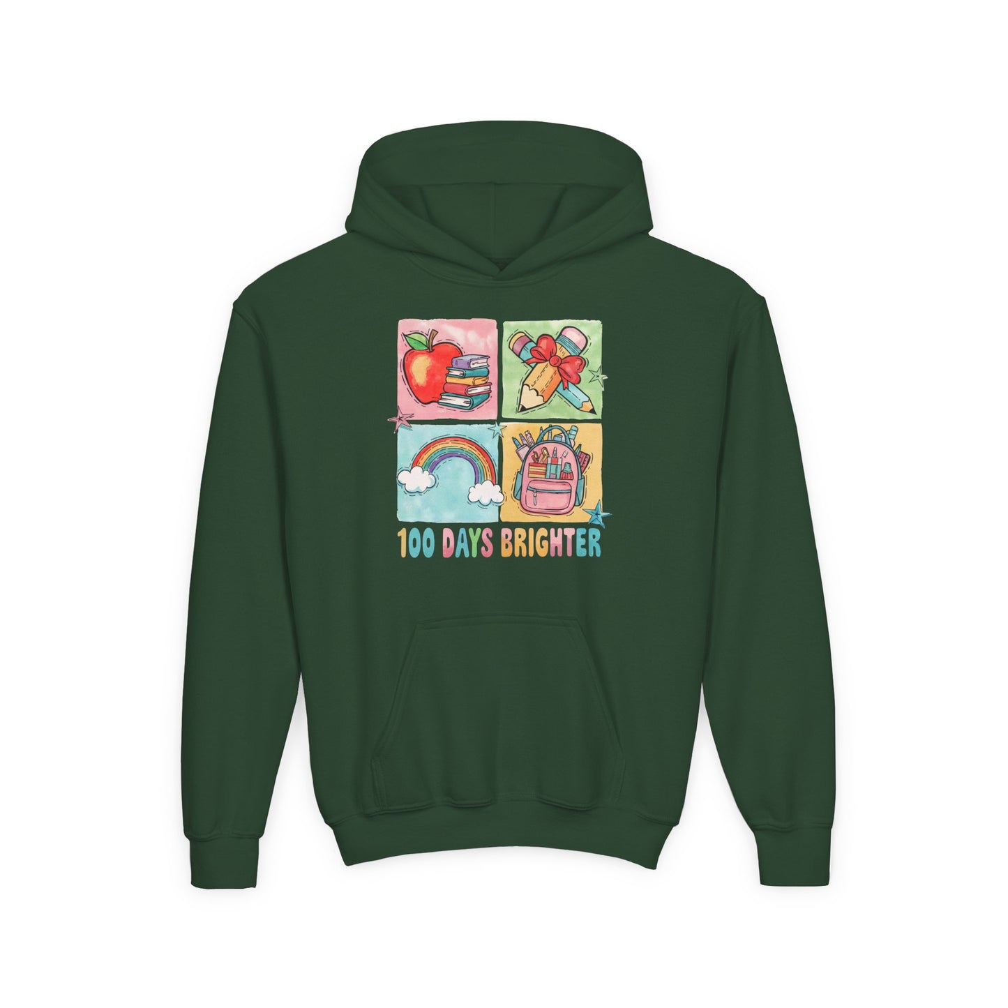 Youth Hoodie with Colorful Design – Perfect for Kids, Back to School, Gifts, Everyday Wear, Fun Celebrations, 100 Days Brighter Forest Green