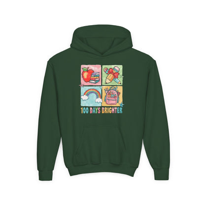 Youth Hoodie with Colorful Design – Perfect for Kids, Back to School, Gifts, Everyday Wear, Fun Celebrations, 100 Days Brighter Forest Green