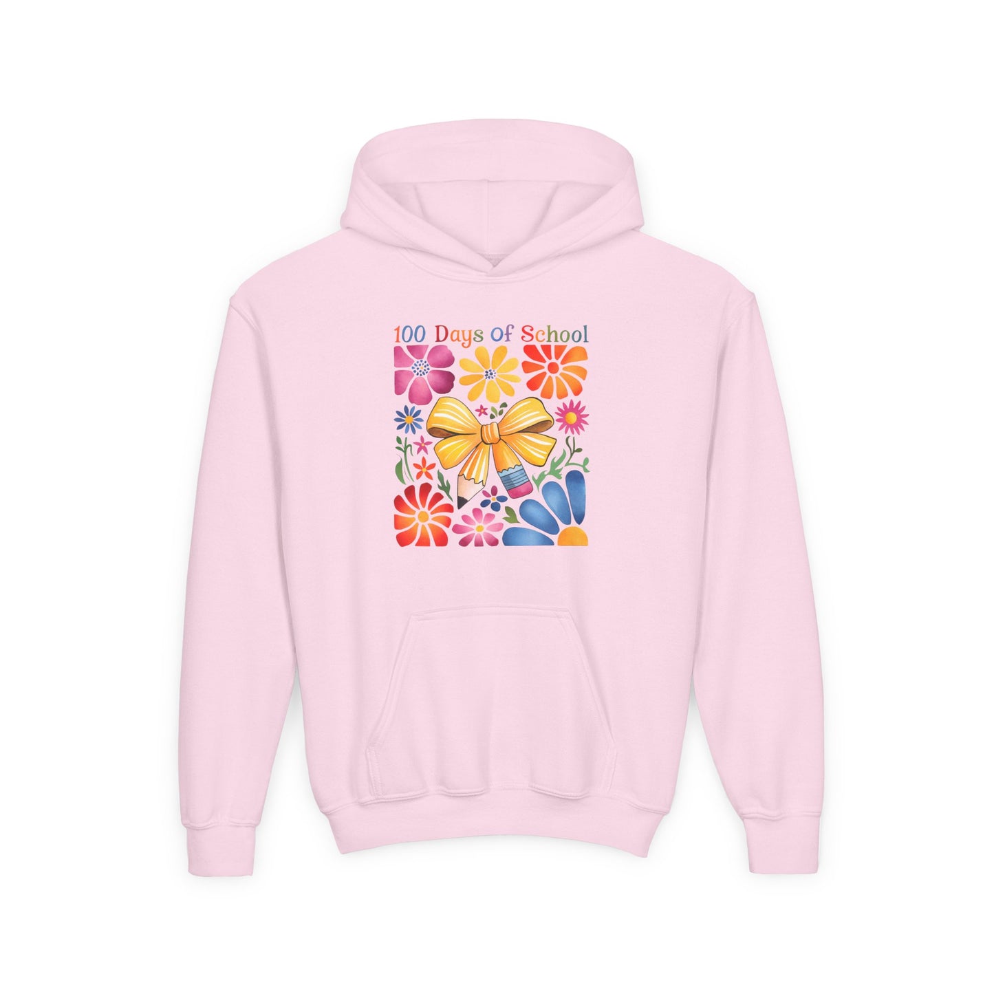 Bright Floral 100 Days of School Youth Hoodie, Colorful Kids Sweatshirt, School Celebration Apparel, Student Gift, Fun Classroom Outfit Light Pink