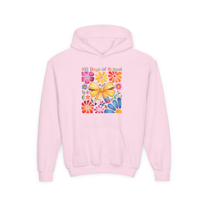 Bright Floral 100 Days of School Youth Hoodie, Colorful Kids Sweatshirt, School Celebration Apparel, Student Gift, Fun Classroom Outfit Light Pink