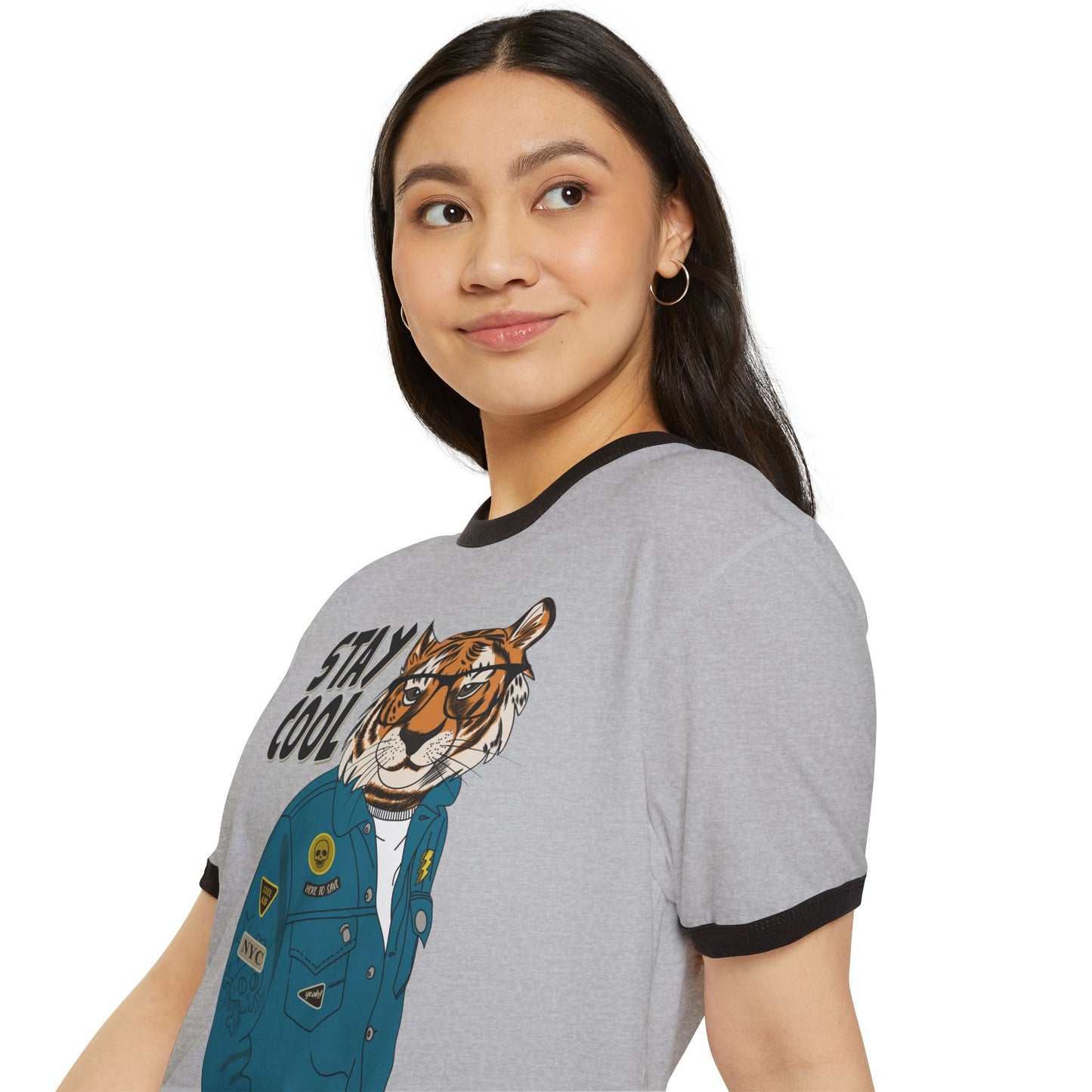 Stay Cool Tiger Ringer T-Shirt, Unisex Vintage Tee, Casual Gift, Animal Lover Apparel, Summer Fashion, Fun Graphic Shirt