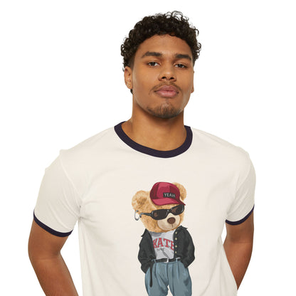 Hip Hop Bear Unisex Cotton Ringer T-Shirt, Cute Graphic Tee, Retro Style T-Shirt, Streetwear Apparel, Gift for Music Lovers Natural Midnight Navy