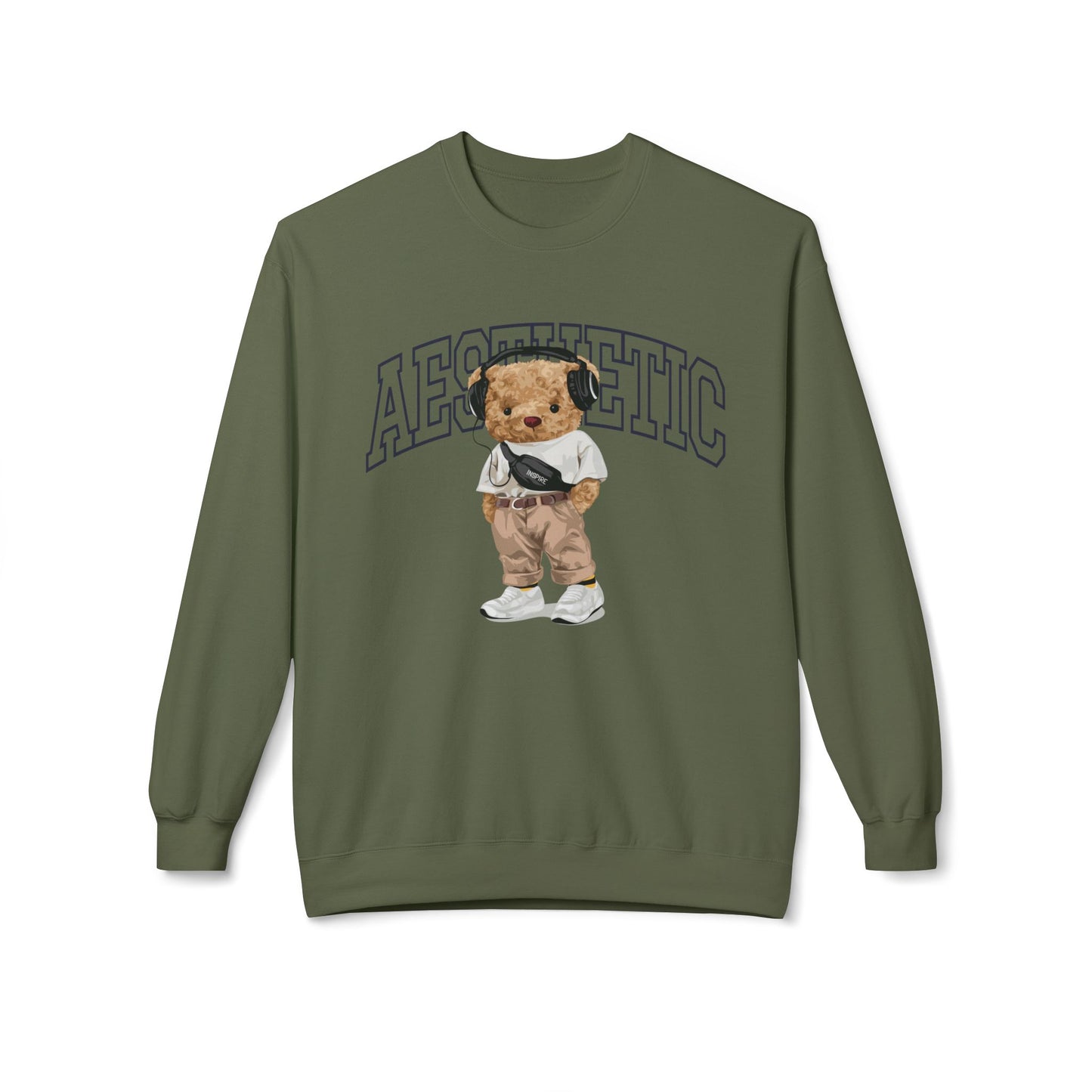 Aesthetic Bear Crewneck Sweatshirt | Cozy Unisex Fleece Top, Casual Wear, Gift Idea, Trendy Fashion, Streetwear Style, Comfortable Layer Military Green