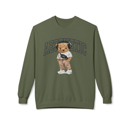 Aesthetic Bear Crewneck Sweatshirt | Cozy Unisex Fleece Top, Casual Wear, Gift Idea, Trendy Fashion, Streetwear Style, Comfortable Layer Military Green