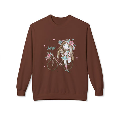 Chic Fleece Sweatshirt with Whimsical Bicycle Design - Perfect for Cozy Days, Gift for Cyclists, Cute Outfit for Spring, Birthday Cocoa