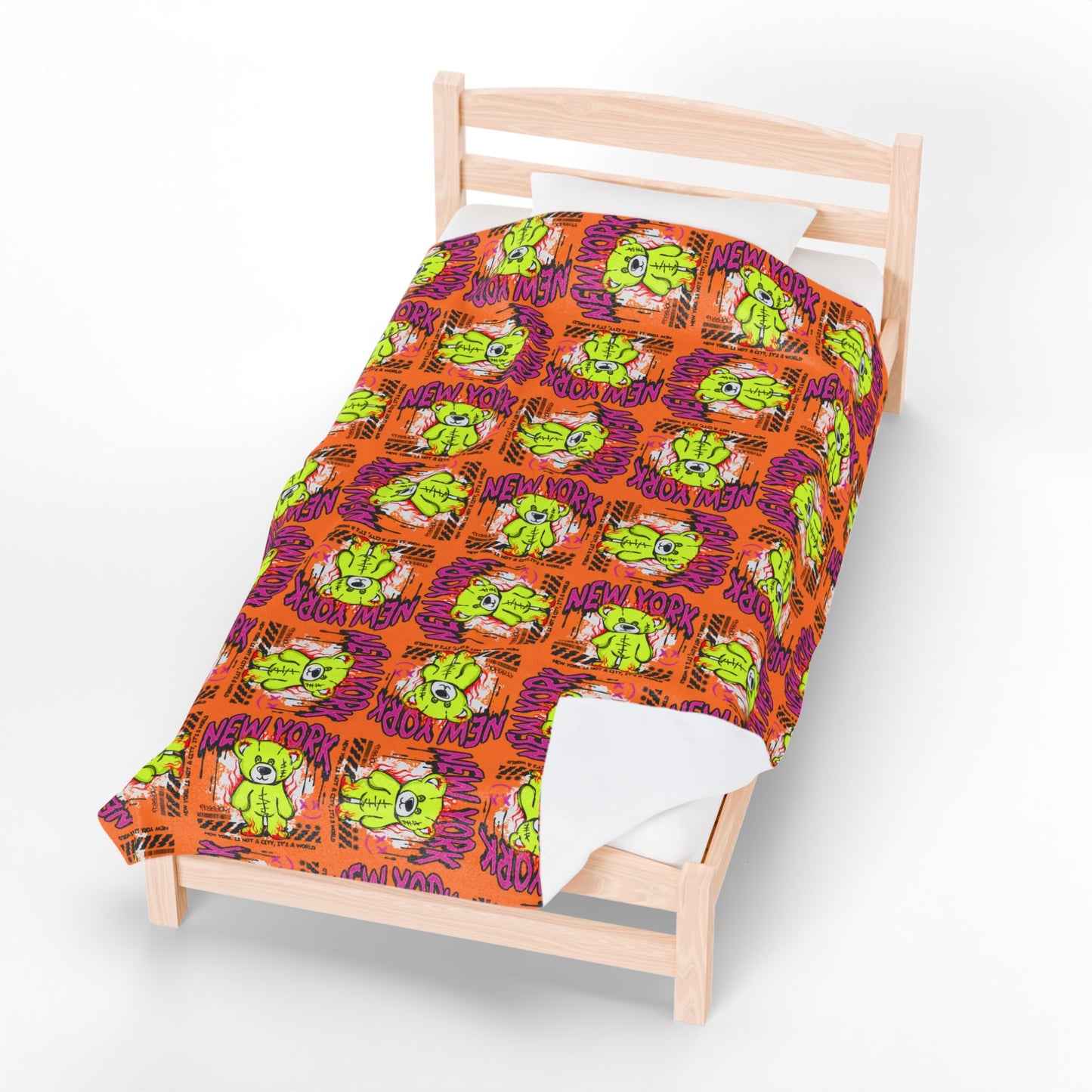 New York City Graphic Velveteen Plush Blanket – Soft Orange Throw with Green Bear – NYC Streetwear Souvenir Decor