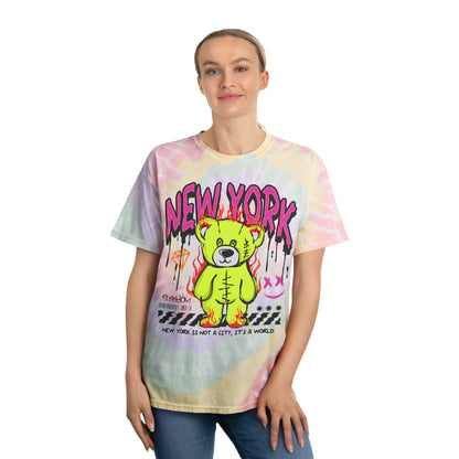 Unisex New York Tie Dye T-Shirt – NYC Streetwear Graphic Tee with Flaming Teddy Bear – Soft Cotton Souvenir Shirt