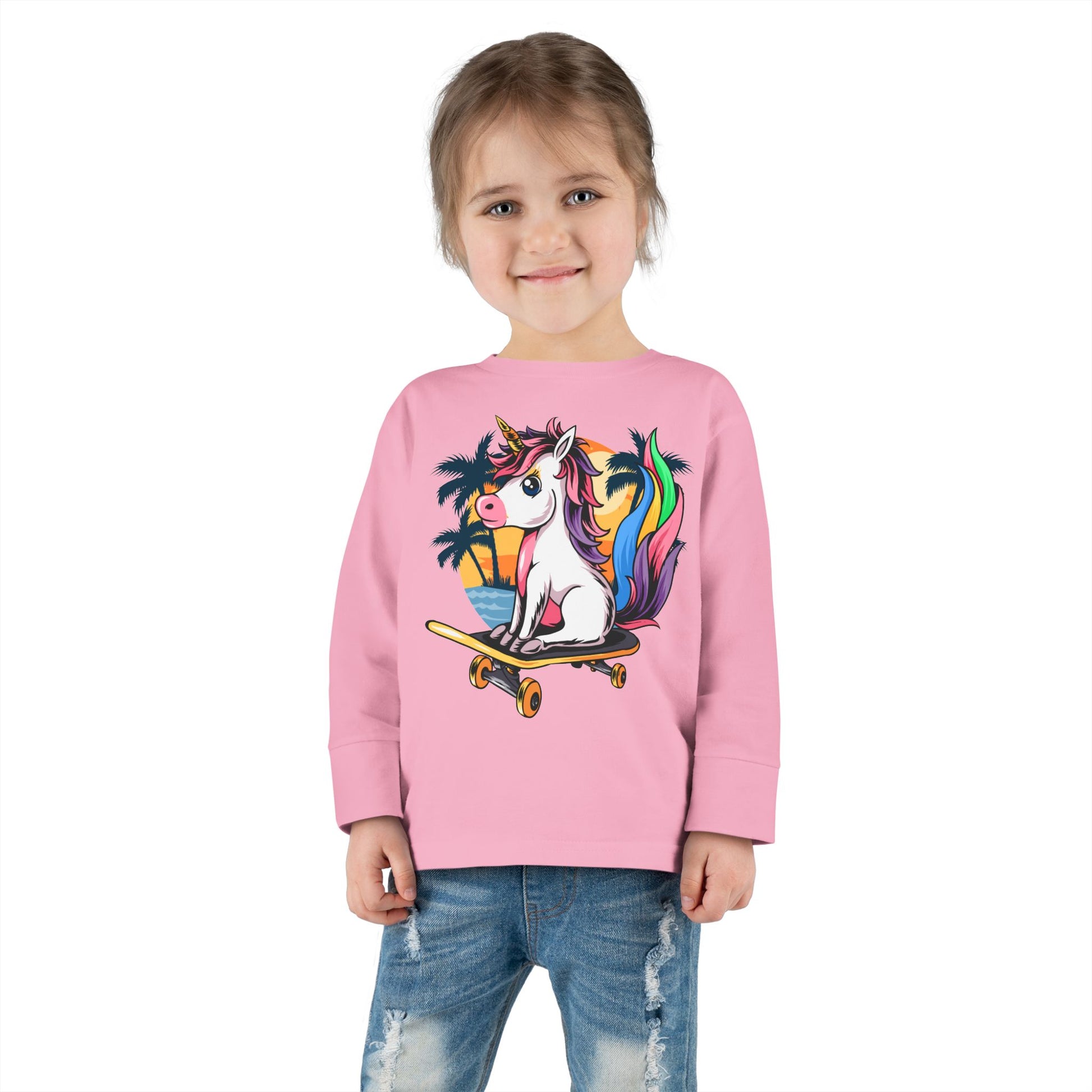Skateboarding Unicorn Toddler Long Sleeve Tee, Cute Kids Shirt, Unicorn Lover Gift, Playful Toddler Outfit, Birthday Gift
