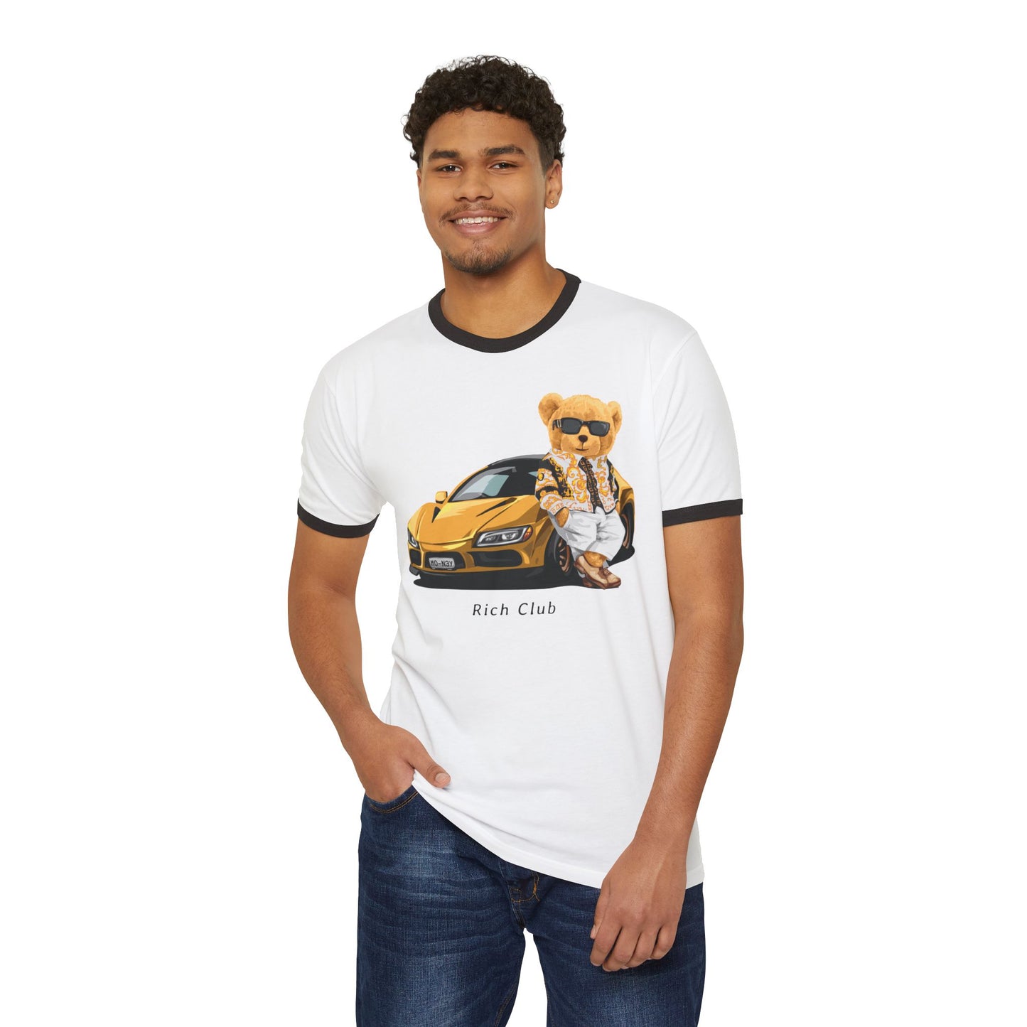 Rich Club Bear Unisex Cotton Ringer T-Shirt, Casual Wear, Streetwear, Gift for Car Lovers, Fun Graphic Tee