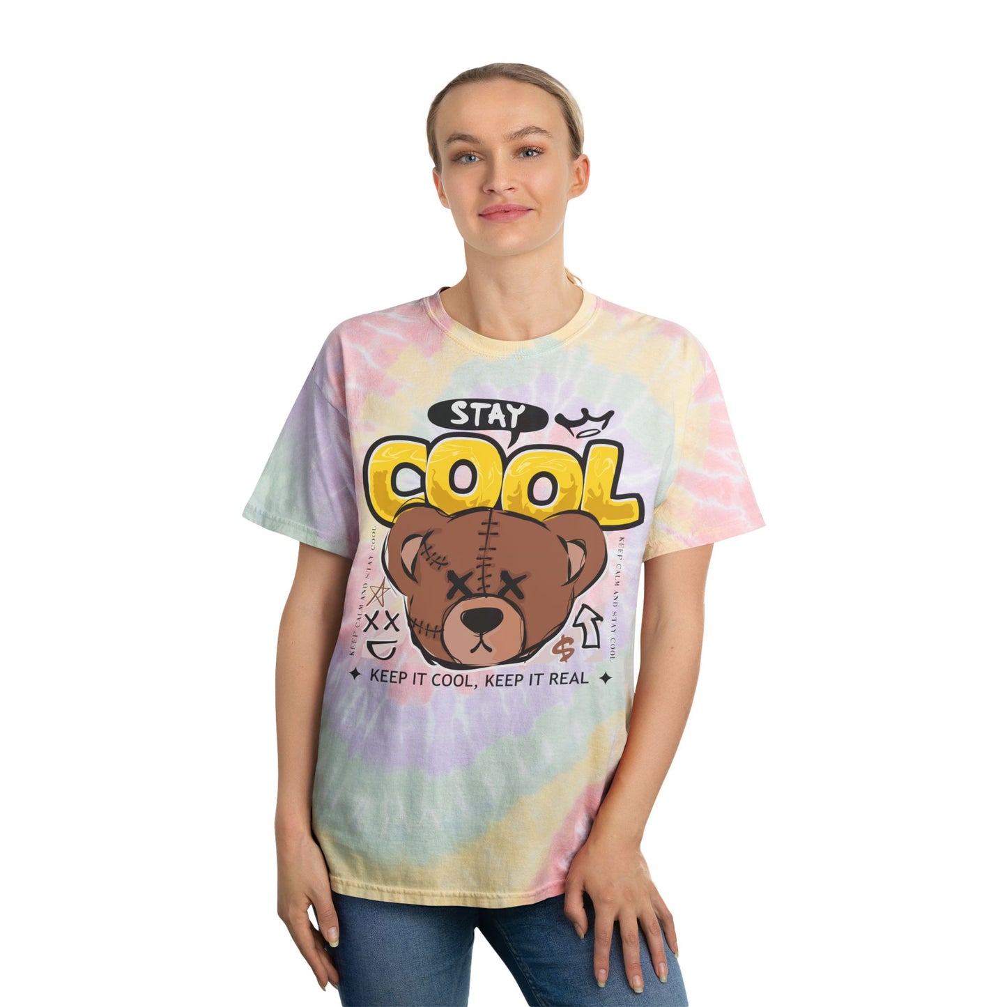Unisex "Stay Cool" Tie Dye T-Shirt – Streetwear Graphic Tee with Brown Teddy Bear & Positive Quote – Soft Cotton Pastel Shirt