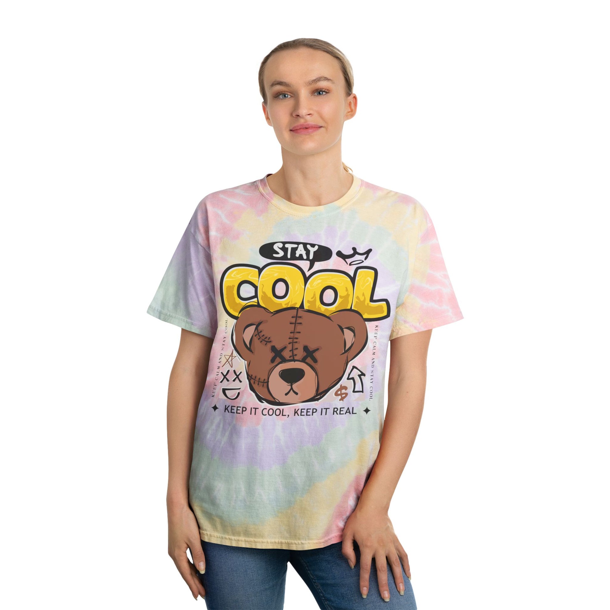 Unisex "Stay Cool" Tie Dye T-Shirt – Streetwear Graphic Tee with Brown Teddy Bear & Positive Quote – Soft Cotton Pastel Shirt