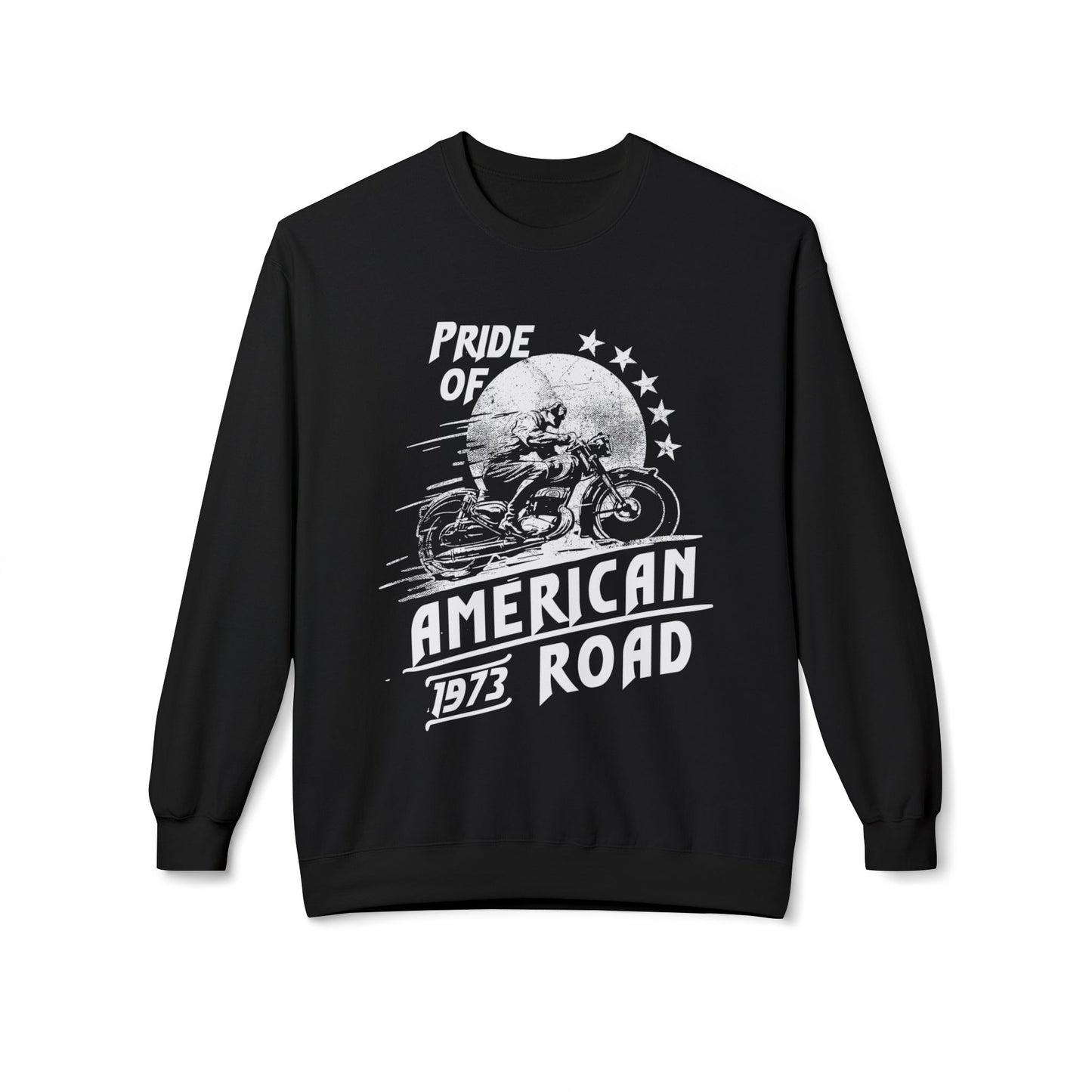 Pride of American Road Crewneck Sweatshirt, Cozy Unisex Fleece Top, Ideal Gift for Bikers, Road Trip Apparel, 1973 Vintage Style Black