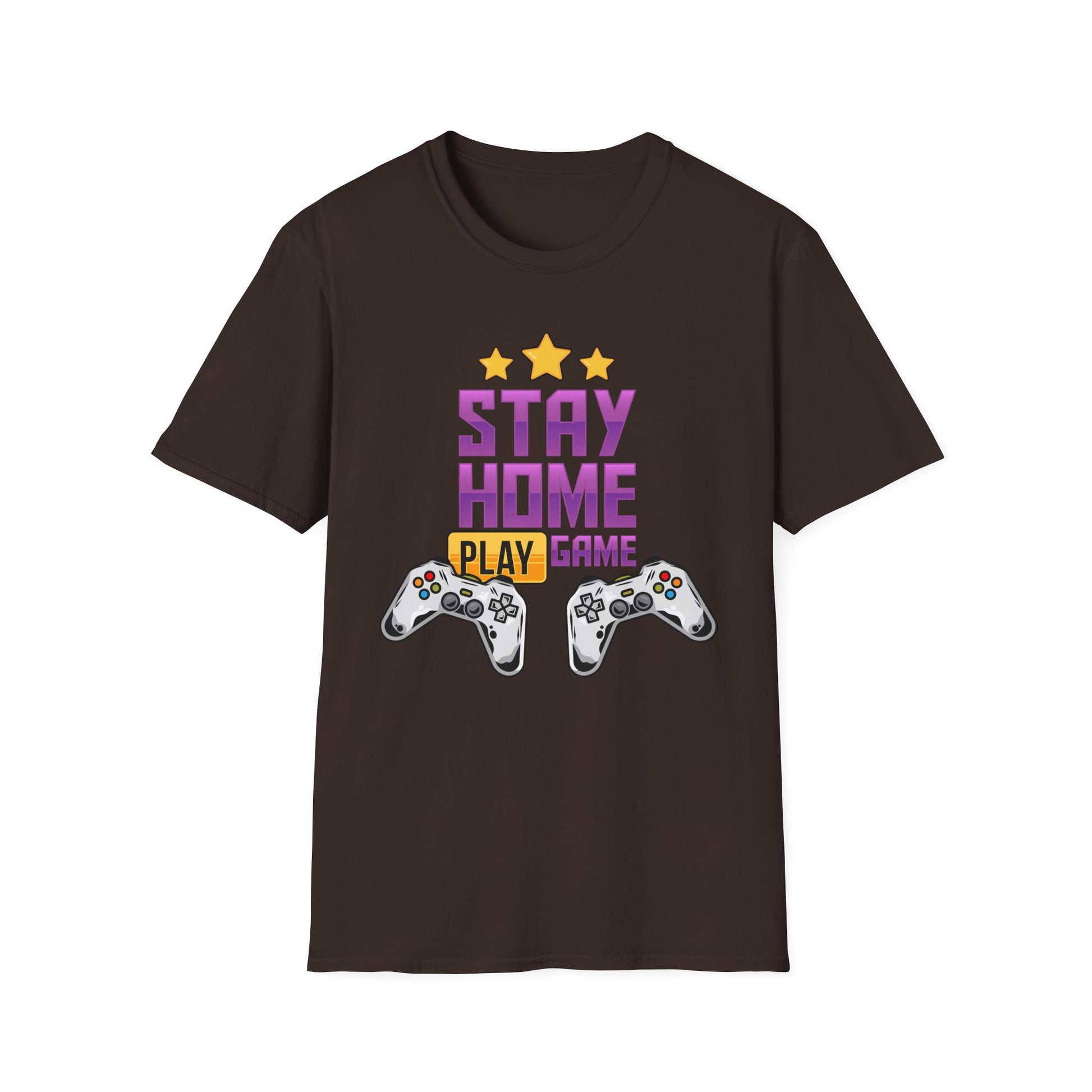 Stay Home Play Game Unisex Softstyle T-Shirt, Gamer Gift, Video Game Tee, Casual Wear, Birthday Present, Gaming Apparel Dark Chocolate
