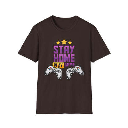 Stay Home Play Game Unisex Softstyle T-Shirt, Gamer Gift, Video Game Tee, Casual Wear, Birthday Present, Gaming Apparel Dark Chocolate
