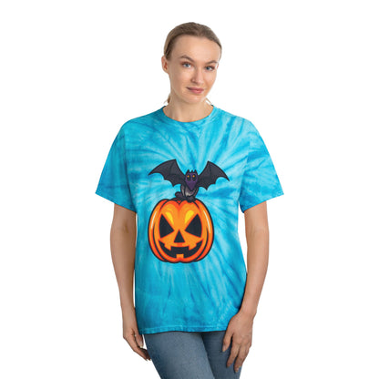Halloween Tie-Dye Tee with Bat and Pumpkin, Fun Graphic T-Shirt for Fall, Spooky Season Apparel, Casual Wear, Unique Gift Idea - Cozy Kawaii LLC