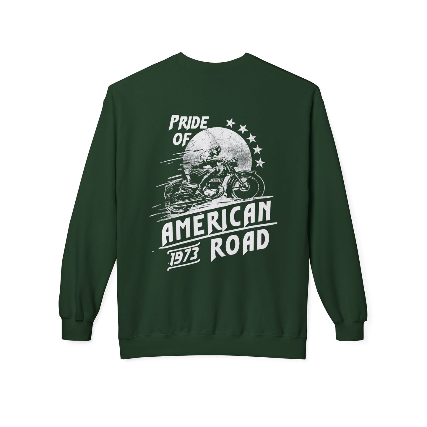 Pride of American Road Crewneck Sweatshirt, Cozy Unisex Fleece Top, Ideal Gift for Bikers, Road Trip Apparel, 1973 Vintage Style