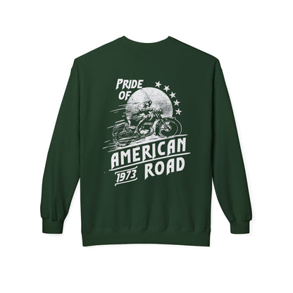 Pride of American Road Crewneck Sweatshirt, Cozy Unisex Fleece Top, Ideal Gift for Bikers, Road Trip Apparel, 1973 Vintage Style
