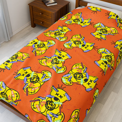 Emotional Collage Graphic Velveteen Plush Blanket – Soft Orange Throw with Teddy Bear – Artistic Streetwear Home Decor 60" × 80"