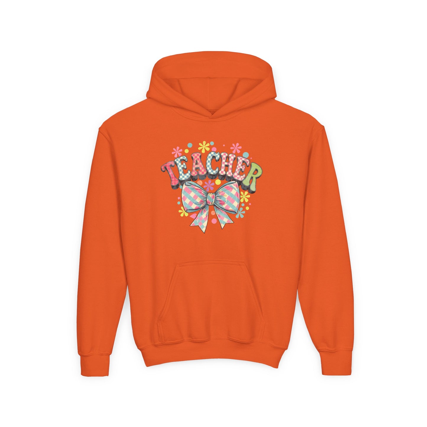 Teacher Hoodie with Colorful Floral Bow Design, Ideal Gift for Educators, School Spirit Wear, Teacher Appreciation, Back to School Orange