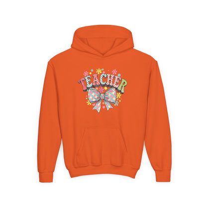 Teacher Hoodie with Colorful Floral Bow Design, Ideal Gift for Educators, School Spirit Wear, Teacher Appreciation, Back to School Orange