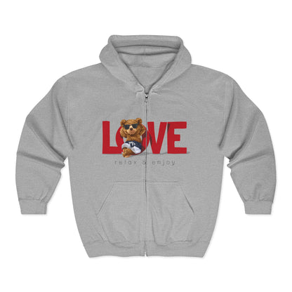 Cozy Love Zip Hoodie featuring Adorable Bear Design, Perfect Gift for Couples, Valentine's Day, Casual Wear, Animal Lovers, Hooded Sport Grey