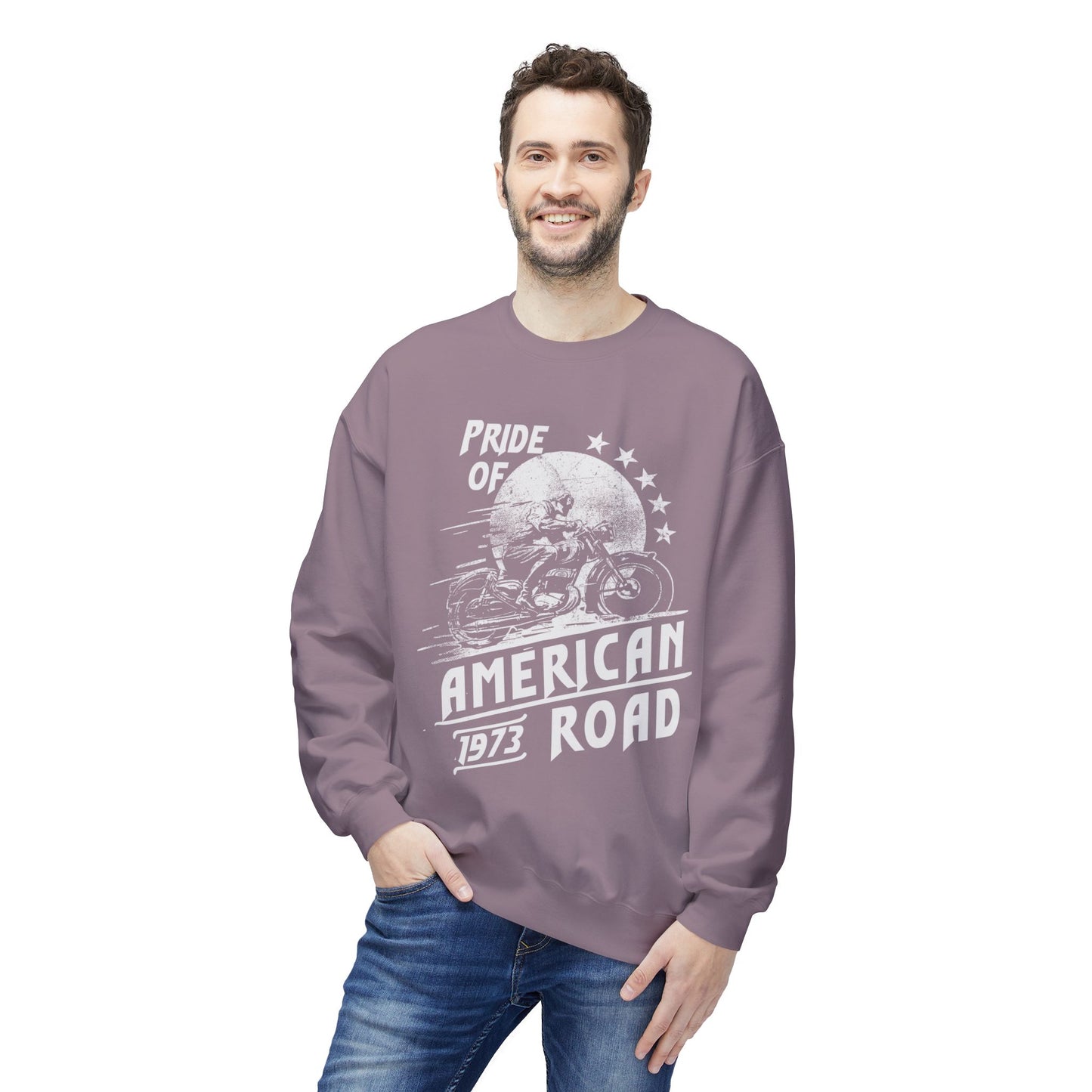 Pride of American Road Crewneck Sweatshirt, Cozy Unisex Fleece Top, Ideal Gift for Bikers, Road Trip Apparel, 1973 Vintage Style