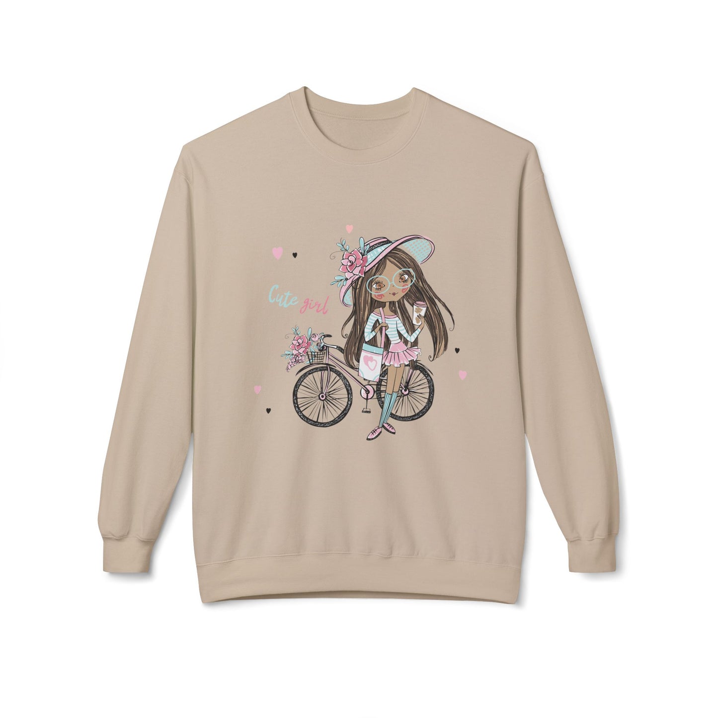 Cute Girl on Bicycle Sweatshirt, Cozy Fleece Crewneck, Spring Fashion, Gift for Her, Casual Sweatshirt, Cartoon Design