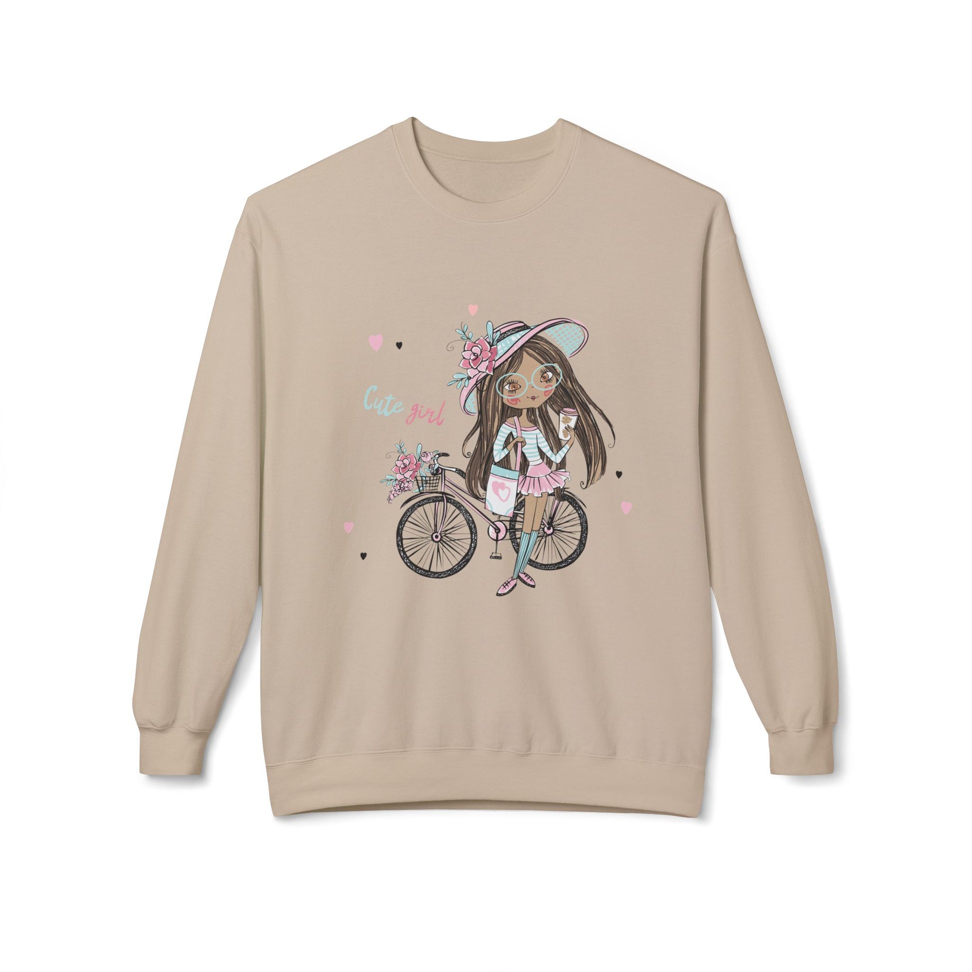 Cute Girl on Bicycle Sweatshirt, Cozy Fleece Crewneck, Spring Fashion, Gift for Her, Casual Sweatshirt, Cartoon Design