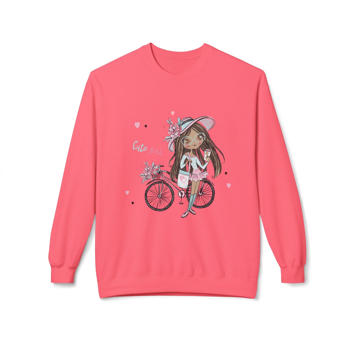 Cute Girl on Bicycle Sweatshirt, Cozy Fleece Crewneck, Spring Fashion, Gift for Her, Casual Sweatshirt, Cartoon Design Pink Lemonade