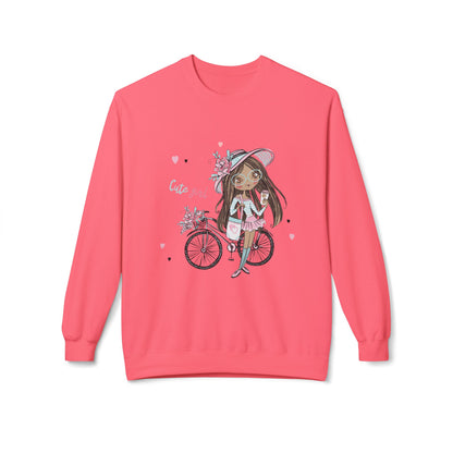 Cute Girl on Bicycle Sweatshirt, Cozy Fleece Crewneck, Spring Fashion, Gift for Her, Casual Sweatshirt, Cartoon Design Pink Lemonade