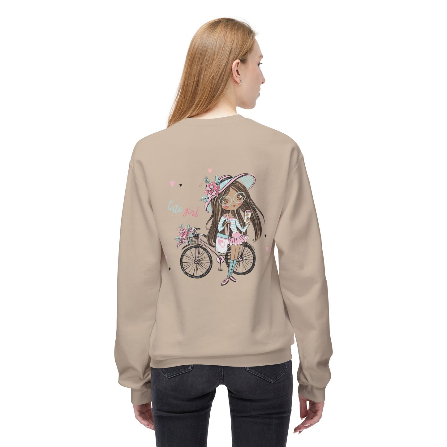 Cute Girl on Bicycle Sweatshirt, Cozy Fleece Crewneck, Spring Fashion, Gift for Her, Casual Sweatshirt, Cartoon Design