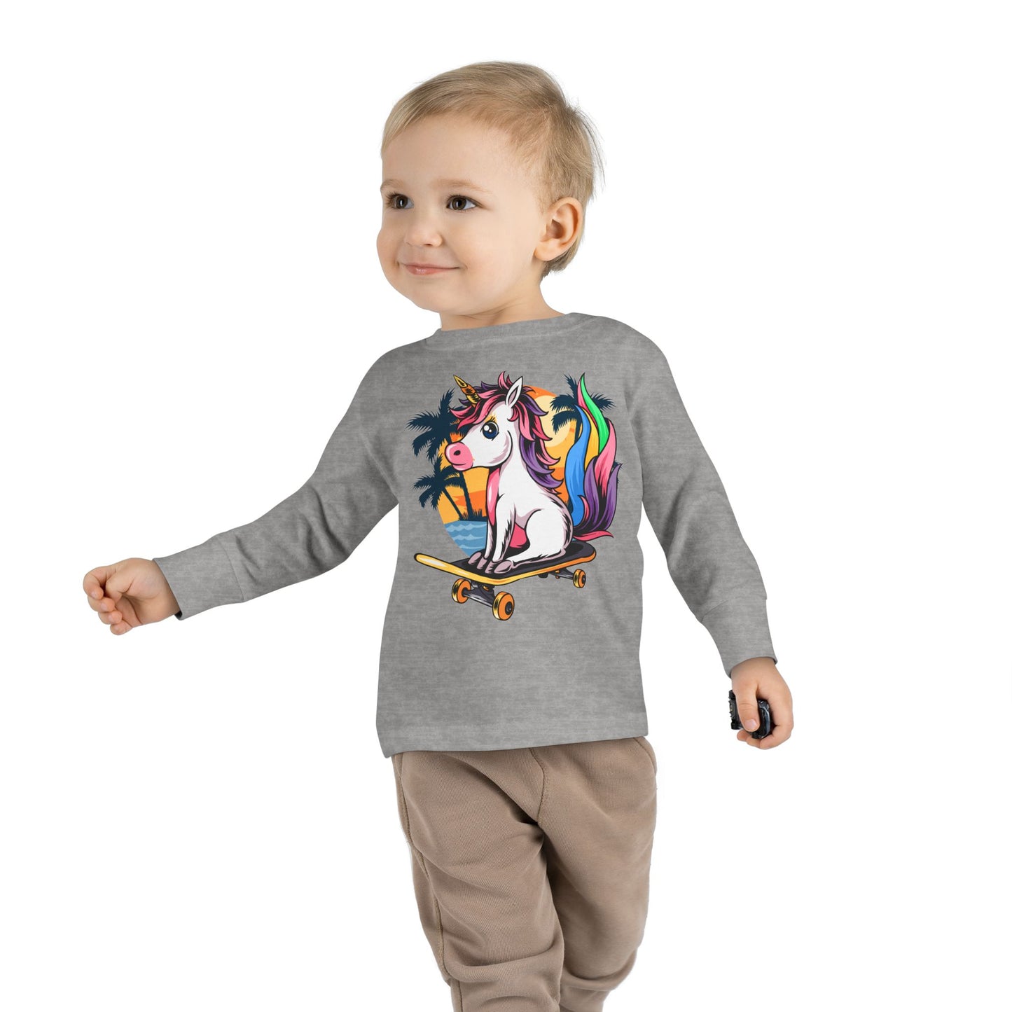 Skateboarding Unicorn Toddler Long Sleeve Tee, Cute Kids Shirt, Unicorn Lover Gift, Playful Toddler Outfit, Birthday Gift
