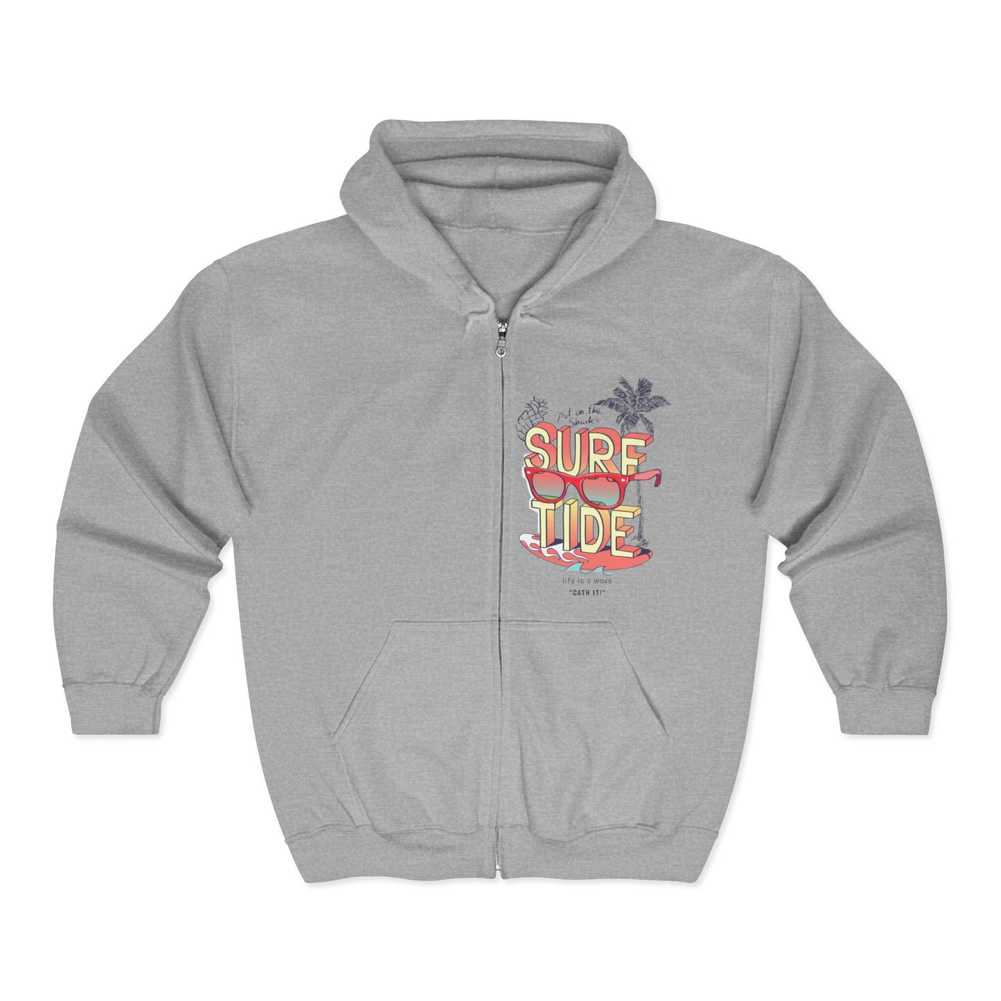Surf Tide Unisex Zip Hoodie, Beach Vibes Sweatshirt, Summer Apparel, Gift for Surfers, Vacation Wear, Casual Style Sport Grey
