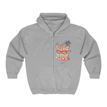 Surf Tide Unisex Zip Hoodie, Beach Vibes Sweatshirt, Summer Apparel, Gift for Surfers, Vacation Wear, Casual Style Sport Grey